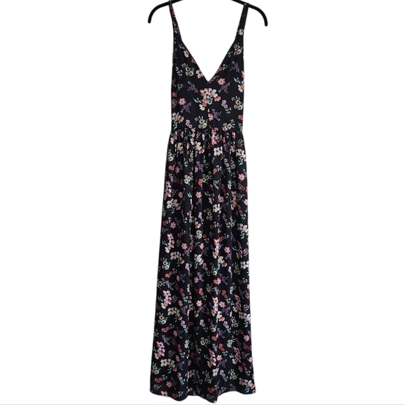 EUC GAP BLACK W/PINK FLORAL CRISS-CROSSED STRAPPY BACK MAXI  SUNDRESS SIZE 12 - Picture 2 of 11